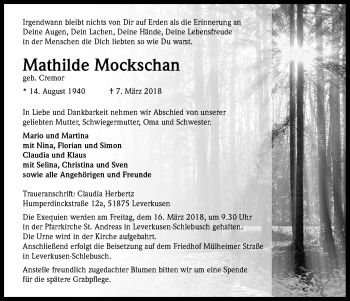Anzeige von Mathilde Mockschan von Kölner Stadt-Anzeiger / Kölnische Rundschau / Express
