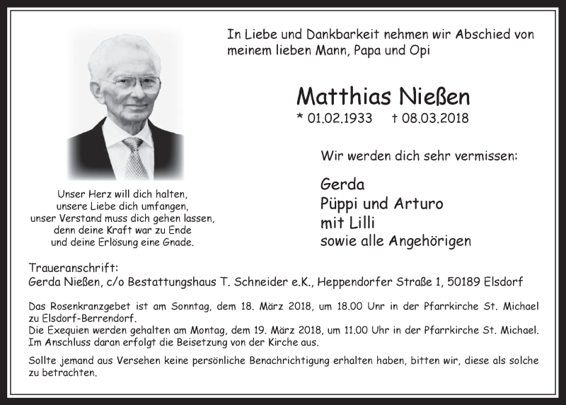  Traueranzeige für Matthias Nießen vom 14.03.2018 aus  Werbepost 