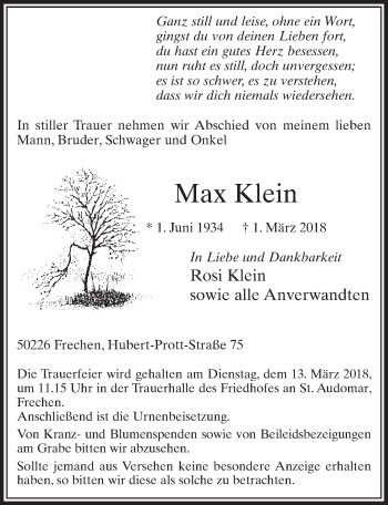 Anzeige von Max Klein von  Sonntags-Post 