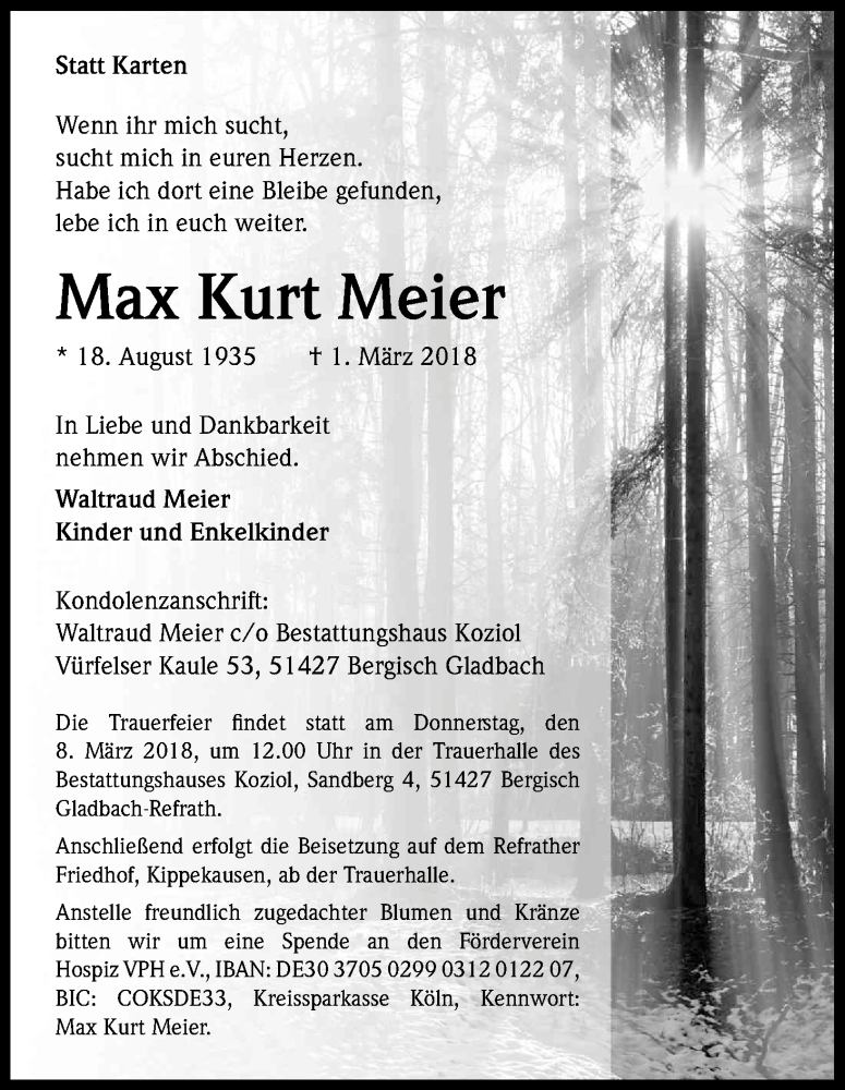  Traueranzeige für Max Kurt Meier vom 03.03.2018 aus Kölner Stadt-Anzeiger / Kölnische Rundschau / Express