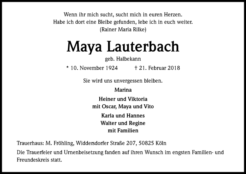  Traueranzeige für Maya Lauterbach vom 31.03.2018 aus Kölner Stadt-Anzeiger / Kölnische Rundschau / Express