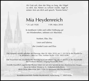 Anzeige von Mia Heydenreich von Kölner Stadt-Anzeiger / Kölnische Rundschau / Express