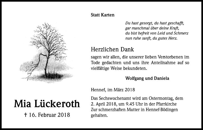  Traueranzeige für Mia Lückeroth vom 28.03.2018 aus Kölner Stadt-Anzeiger / Kölnische Rundschau / Express