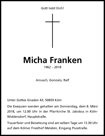 Anzeige von Micha Franken von Kölner Stadt-Anzeiger / Kölnische Rundschau / Express