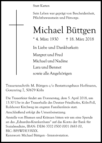 Anzeige von Michael Büttgen von Kölner Stadt-Anzeiger / Kölnische Rundschau / Express