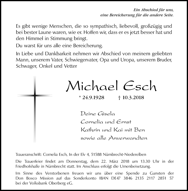  Traueranzeige für Michael Esch vom 14.03.2018 aus  Lokalanzeiger 