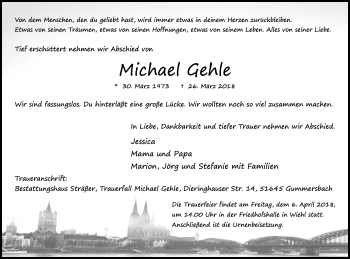 Anzeige von Michael Gehle von Kölner Stadt-Anzeiger / Kölnische Rundschau / Express