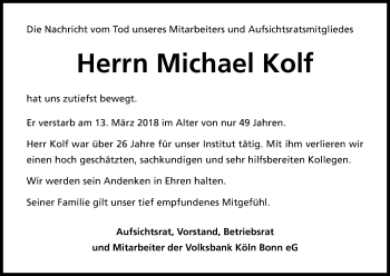Anzeige von Michael Kolf von Kölner Stadt-Anzeiger / Kölnische Rundschau / Express