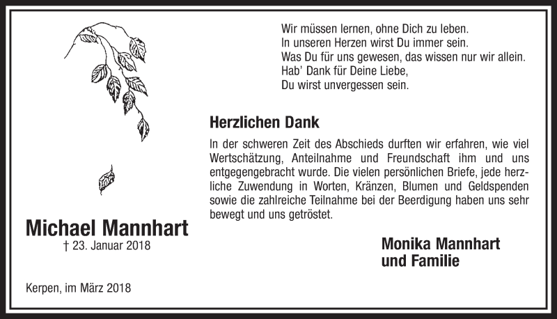  Traueranzeige für Michael Mannhart vom 03.03.2018 aus  Sonntags-Post 