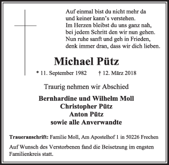 Anzeige von Michael Pütz von  Sonntags-Post 
