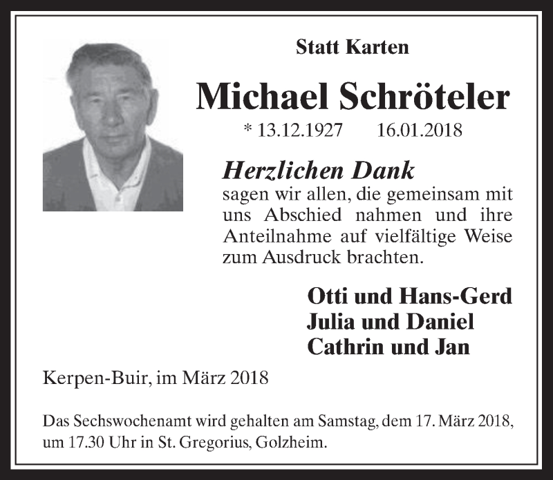  Traueranzeige für Michael Schröteler vom 14.03.2018 aus  Werbepost 