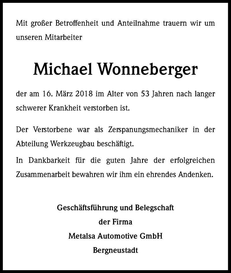  Traueranzeige für Michael Wonneberger vom 24.03.2018 aus Kölner Stadt-Anzeiger / Kölnische Rundschau / Express