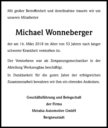 Anzeige von Michael Wonneberger von Kölner Stadt-Anzeiger / Kölnische Rundschau / Express