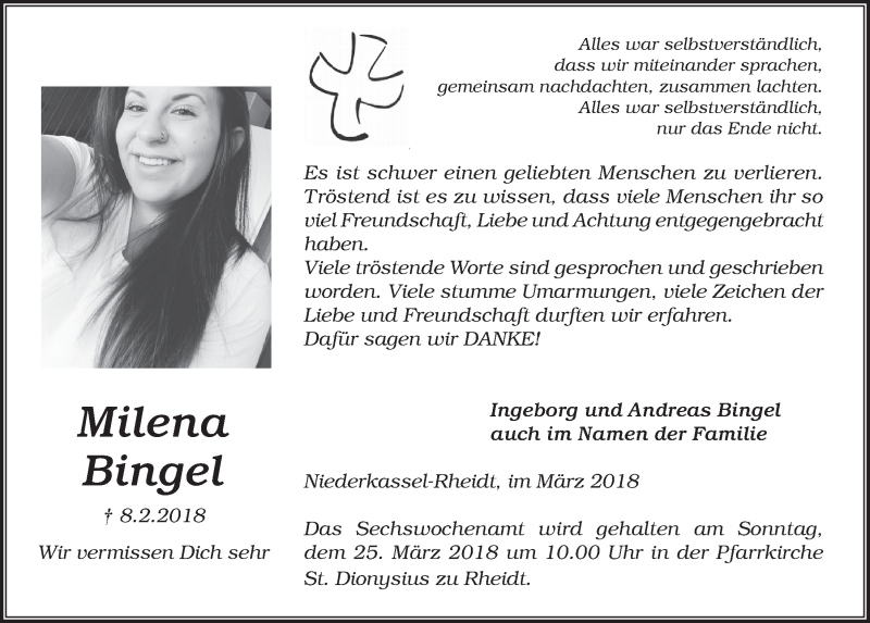  Traueranzeige für Milena Bingel vom 14.03.2018 aus  Extra Blatt 