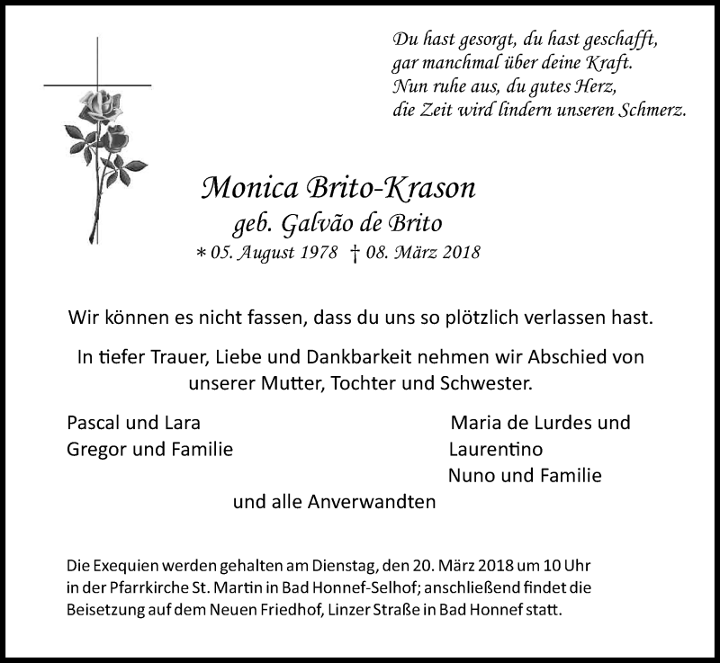  Traueranzeige für Monica Brito-Krason vom 17.03.2018 aus Kölner Stadt-Anzeiger / Kölnische Rundschau / Express