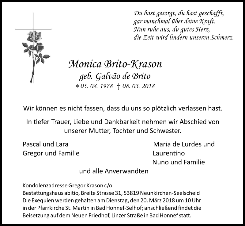  Traueranzeige für Monica Brito-Krason vom 15.03.2018 aus Kölner Stadt-Anzeiger / Kölnische Rundschau / Express