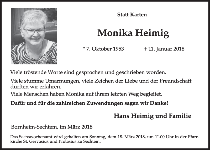  Traueranzeige für Monika Heimig vom 07.03.2018 aus  Schlossbote/Werbekurier 