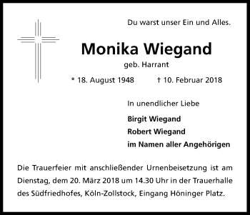 Anzeige von Monika Wiegand von Kölner Stadt-Anzeiger / Kölnische Rundschau / Express
