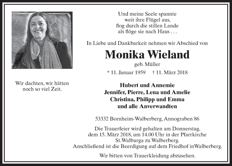  Traueranzeige für Monika Wieland vom 14.03.2018 aus  Schlossbote/Werbekurier 