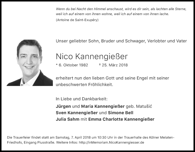  Traueranzeige für Nico Kannengießer vom 31.03.2018 aus Kölner Stadt-Anzeiger / Kölnische Rundschau / Express