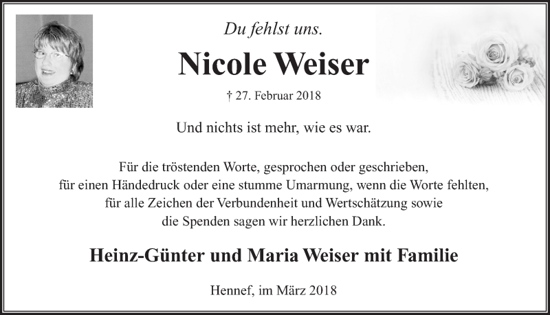  Traueranzeige für Nicole Weiser vom 21.03.2018 aus  Extra Blatt 