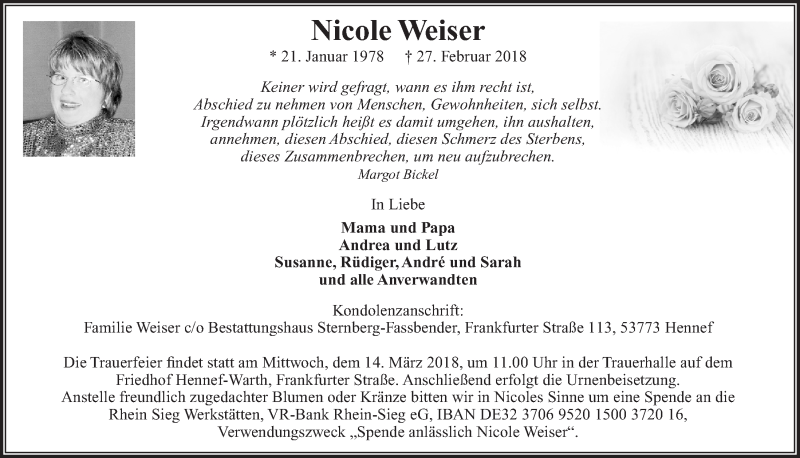  Traueranzeige für Nicole Weiser vom 10.03.2018 aus  Rhein-Sieg-Wochenende 