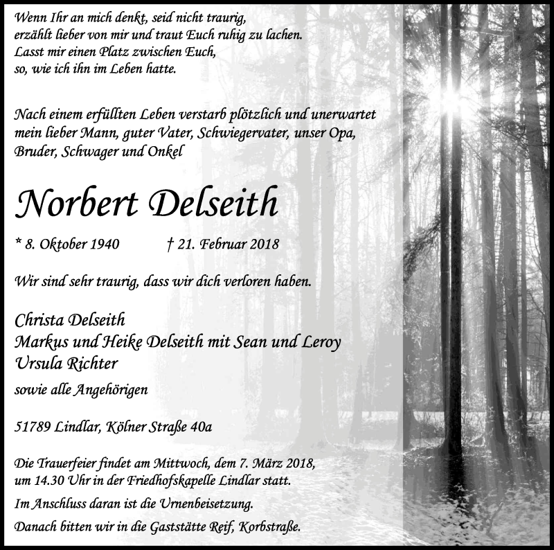  Traueranzeige für Norbert Delseith vom 03.03.2018 aus Kölner Stadt-Anzeiger / Kölnische Rundschau / Express