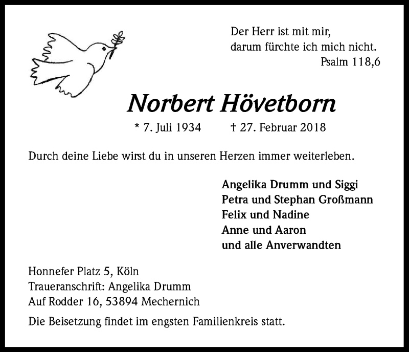  Traueranzeige für Norbert Hövetborn vom 03.03.2018 aus Kölner Stadt-Anzeiger / Kölnische Rundschau / Express