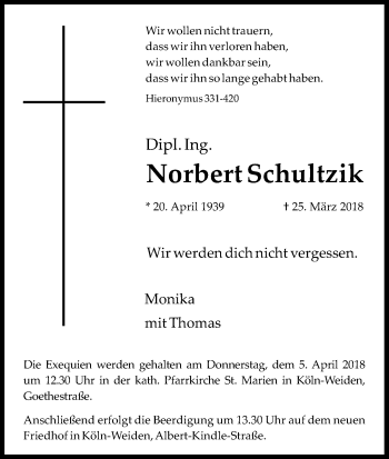 Anzeige von Norbert Schultzik von Kölner Stadt-Anzeiger / Kölnische Rundschau / Express