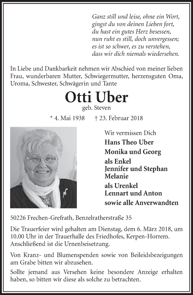  Traueranzeige für Otti Uber vom 03.03.2018 aus  Sonntags-Post 
