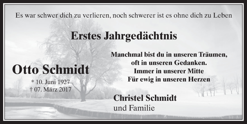  Traueranzeige für Otto Schmidt vom 07.03.2018 aus  Werbepost 