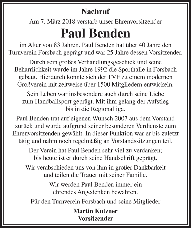 Traueranzeige für Paul Benden vom 28.03.2018 aus  Bergisches Handelsblatt 
