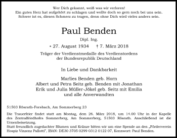 Anzeige von Paul Benden von Kölner Stadt-Anzeiger / Kölnische Rundschau / Express