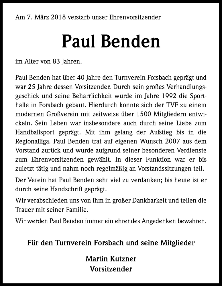  Traueranzeige für Paul Benden vom 26.03.2018 aus Kölner Stadt-Anzeiger / Kölnische Rundschau / Express
