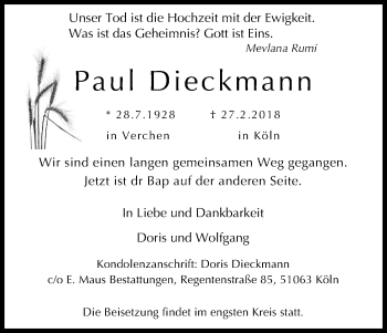 Anzeige von Paul Dieckmann von Kölner Stadt-Anzeiger / Kölnische Rundschau / Express