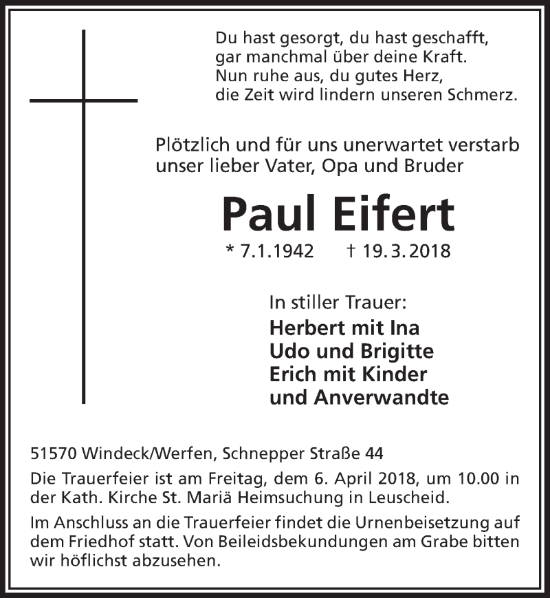  Traueranzeige für Paul Eifert vom 28.03.2018 aus  Extra Blatt 