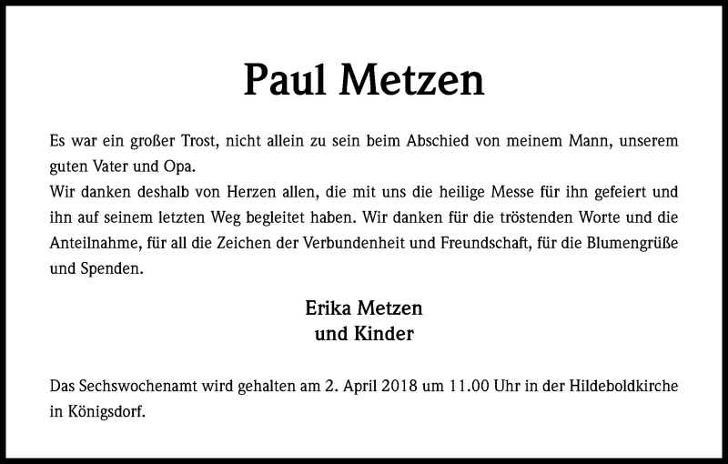  Traueranzeige für Paul Metzen vom 24.03.2018 aus Kölner Stadt-Anzeiger / Kölnische Rundschau / Express