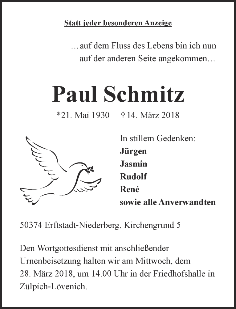  Traueranzeige für Paul Schmitz vom 24.03.2018 aus  Werbepost 