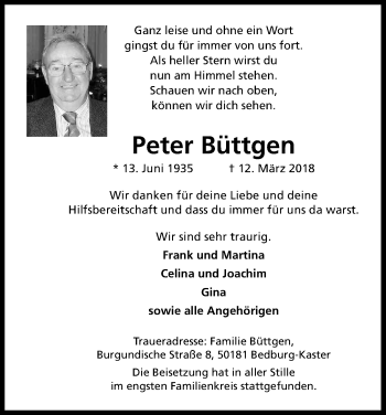 Anzeige von Peter Büttgen von Kölner Stadt-Anzeiger / Kölnische Rundschau / Express