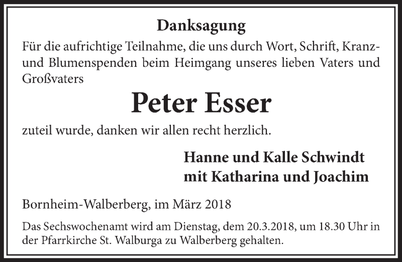  Traueranzeige für Peter Esser vom 14.03.2018 aus  Schlossbote/Werbekurier 