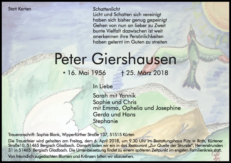  Traueranzeige für Peter Giershausen vom 31.03.2018 aus Kölner Stadt-Anzeiger / Kölnische Rundschau / Express