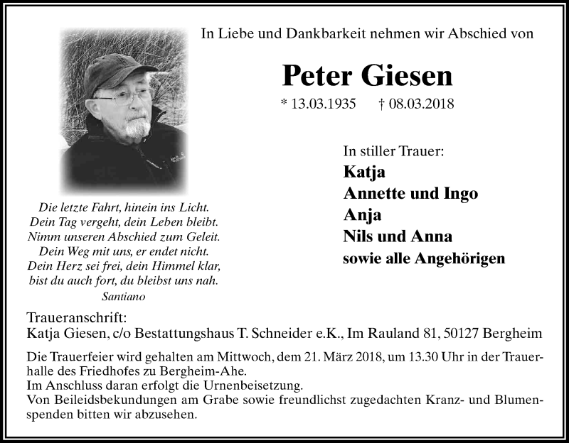  Traueranzeige für Peter Giesen vom 17.03.2018 aus Kölner Stadt-Anzeiger / Kölnische Rundschau / Express