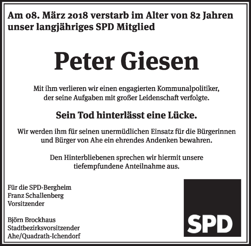  Traueranzeige für Peter Giesen vom 24.03.2018 aus  Sonntags-Post 