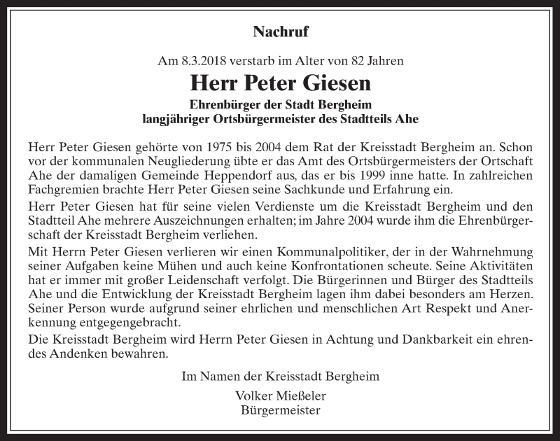  Traueranzeige für Peter Giesen vom 21.03.2018 aus  Werbepost 