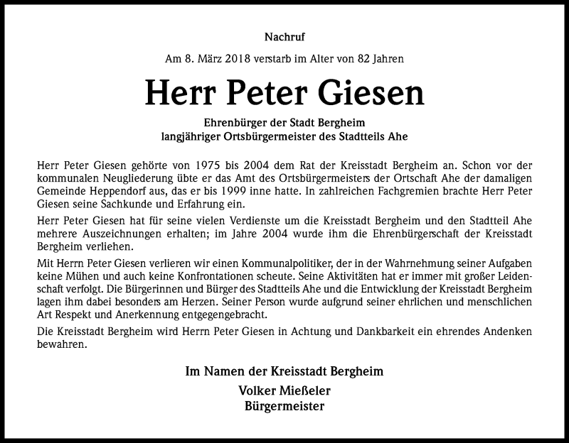  Traueranzeige für Peter Giesen vom 19.03.2018 aus Kölner Stadt-Anzeiger / Kölnische Rundschau / Express