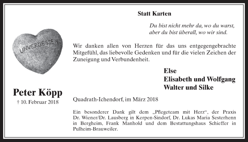  Traueranzeige für Peter Köpp vom 21.03.2018 aus  Werbepost 