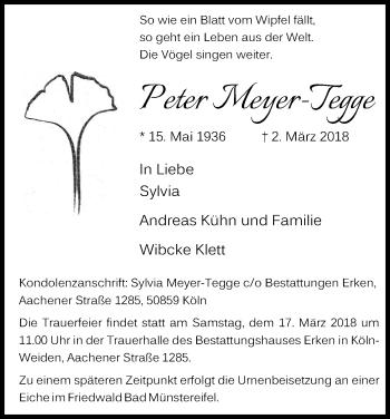Anzeige von Peter Meyer-Tegge von Kölner Stadt-Anzeiger / Kölnische Rundschau / Express