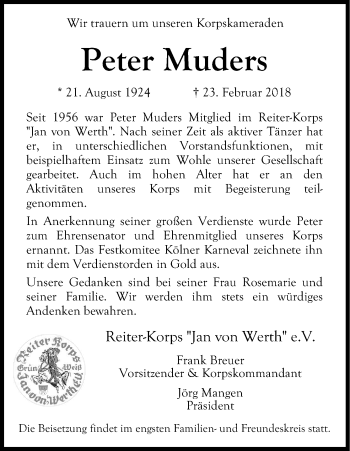Anzeige von Peter Muders von Kölner Stadt-Anzeiger / Kölnische Rundschau / Express