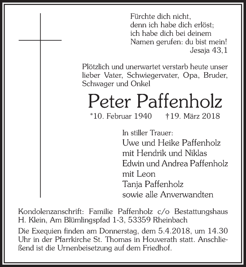  Traueranzeige für Peter Paffenholz vom 31.03.2018 aus  Blickpunkt Euskirchen 