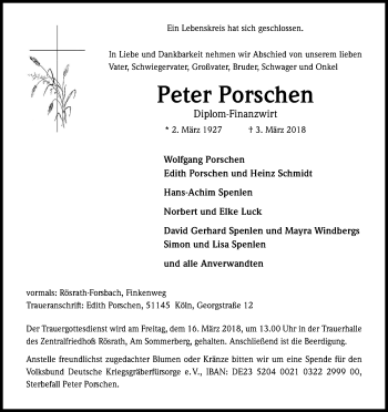 Anzeige von Peter Porschen von Kölner Stadt-Anzeiger / Kölnische Rundschau / Express